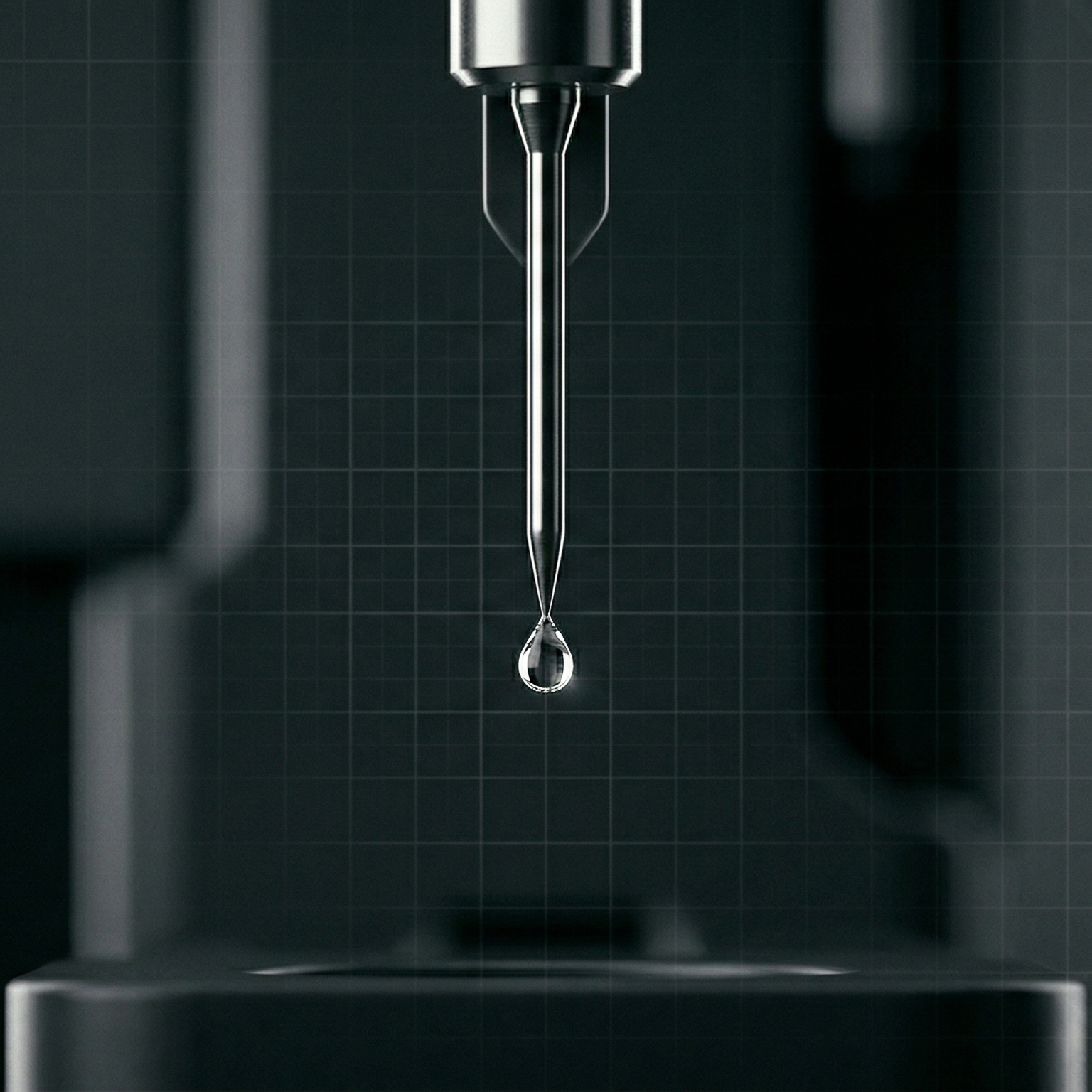 Close-up of a dropper with a drop of liquid against a dark background