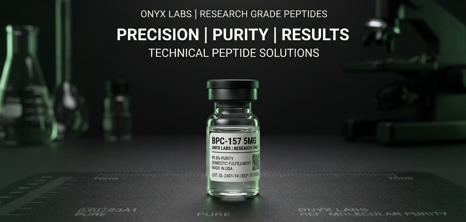 Vial labeled 'BPC-157 SMC' from Onyx Labs on a dark background with lab equipment.